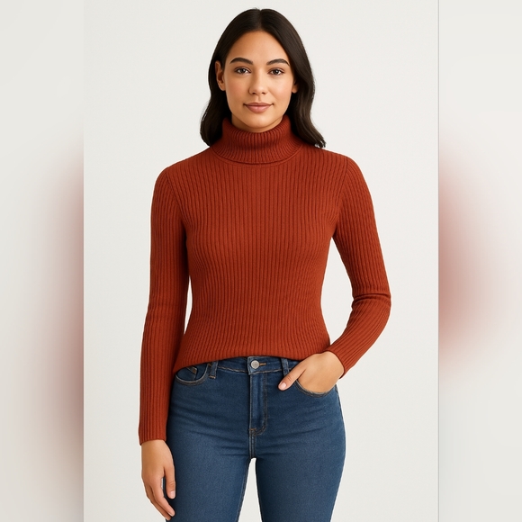 Chico’s Rust Orange Silk Cotton Ribbed Turtleneck Sweater Size 1 (Medium) - Picture 2 of 10